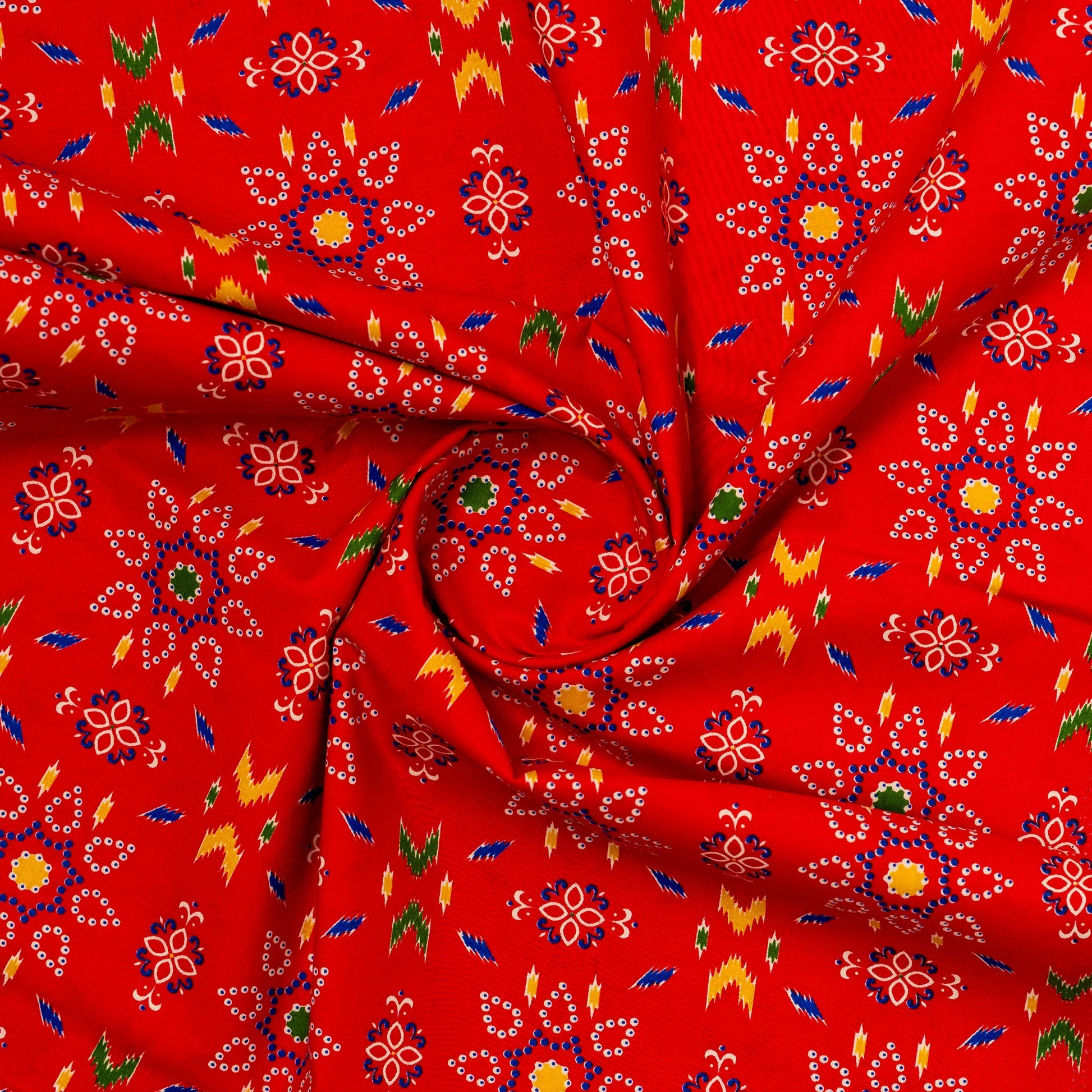 red cambric cotton fabric with multi color prints