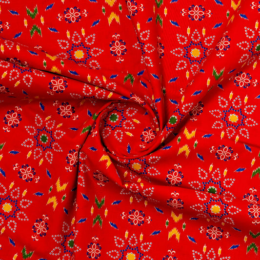 red cambric cotton fabric with multi color prints