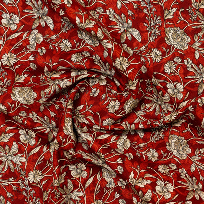 brick red color cotton fabric with floral prints