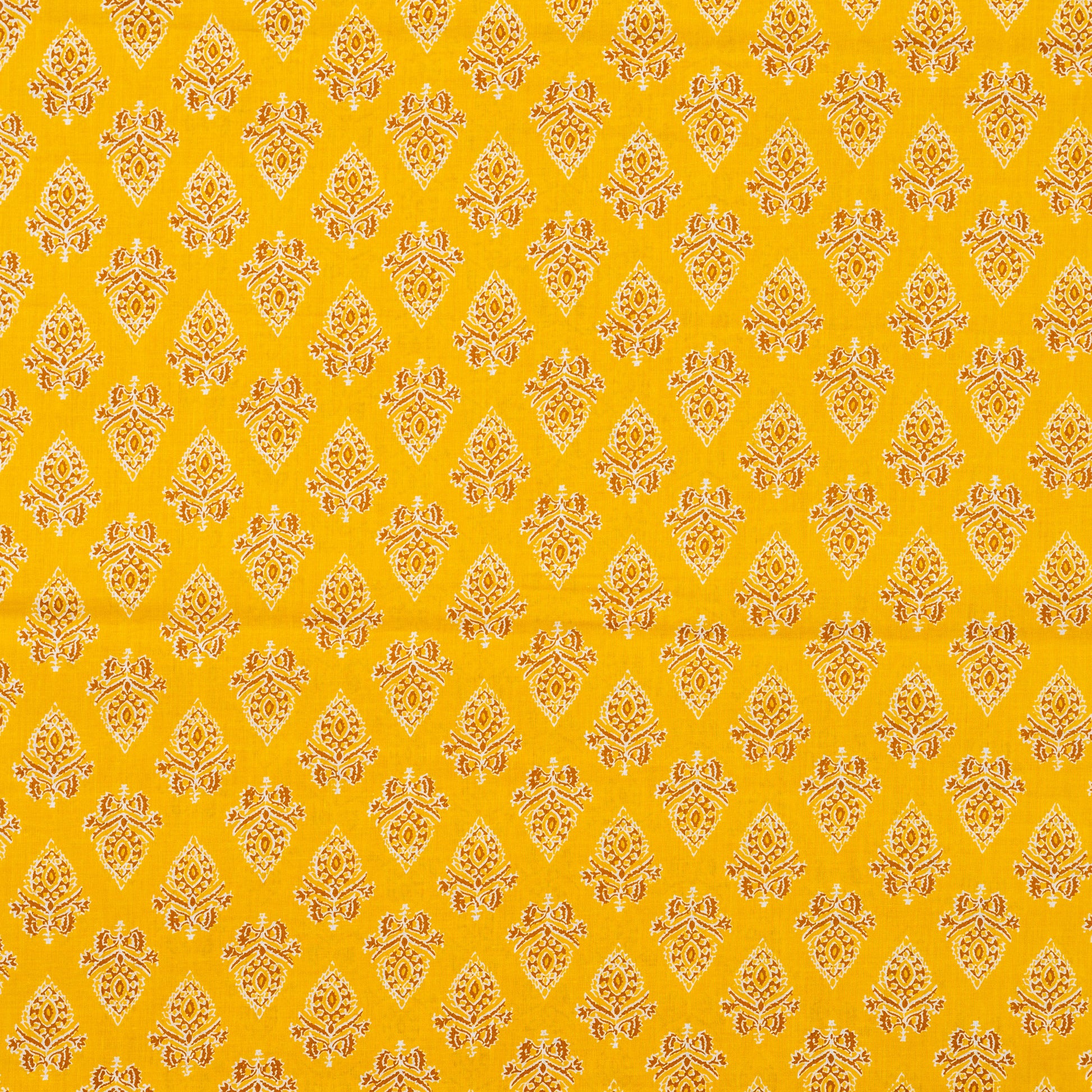 yellow color cotton fabric with print design, suitable for kurti or kurta