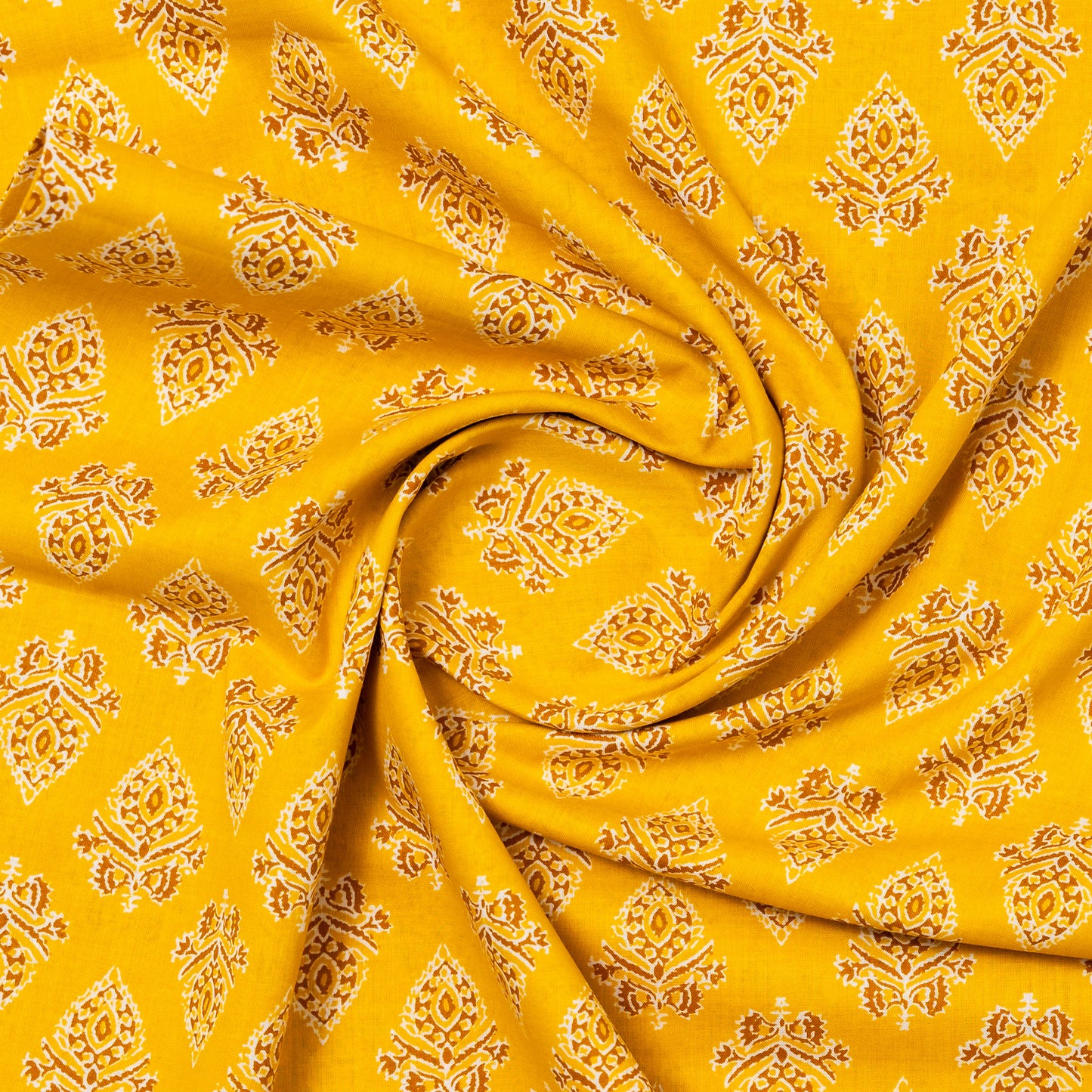 yellow color cotton fabric with print design, suitable for kurti or kurta