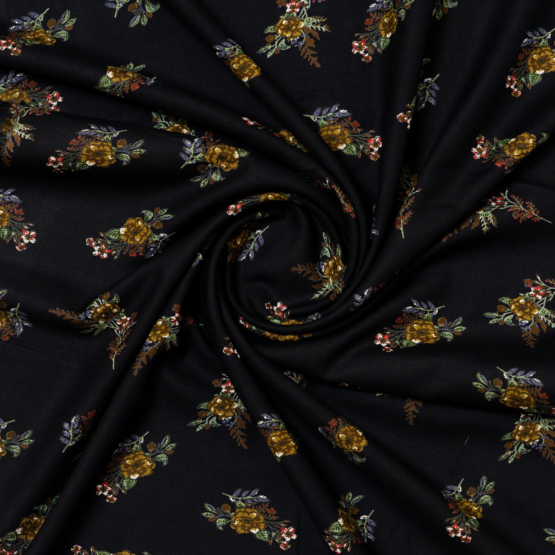 black color rayon printed fabric with floral prints