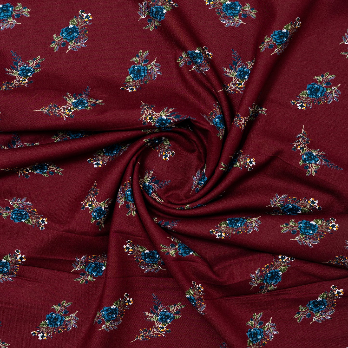 Wine color rayon printed fabric with blure and white floral prints