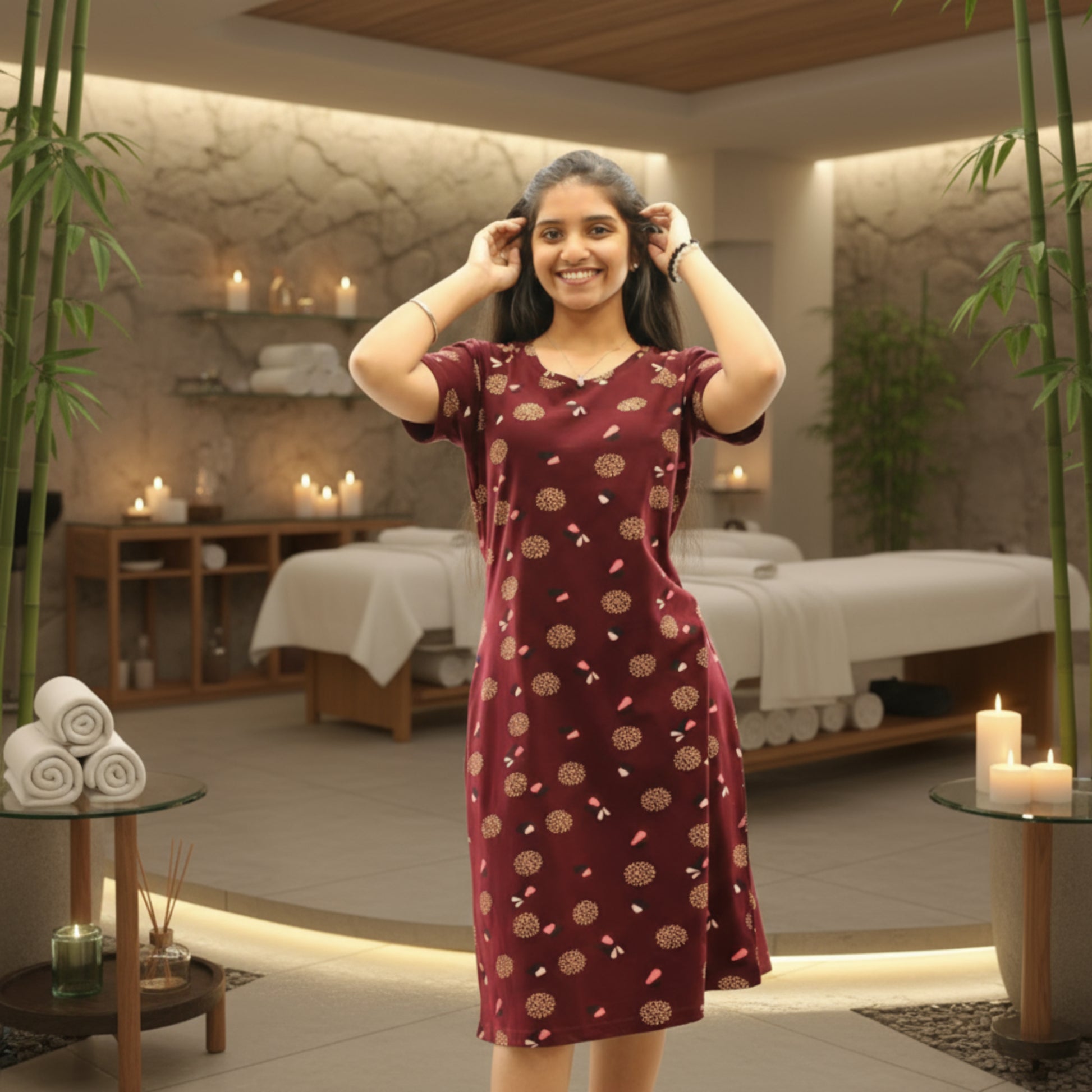women wearing dark maroon cotton short nighty with print design all over