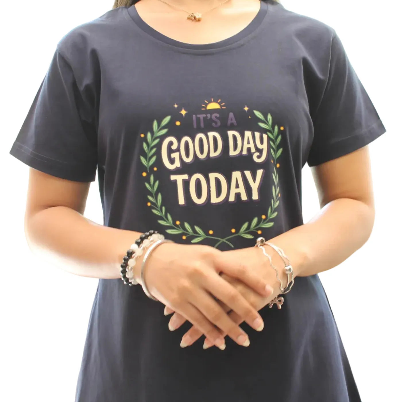 Navy Good Day Hosiery Cotton Knee-Length Short Nighty with Pocket