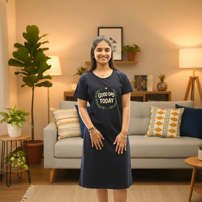 Navy Good Day Hosiery Cotton Knee-Length Short Nighty with Pocket