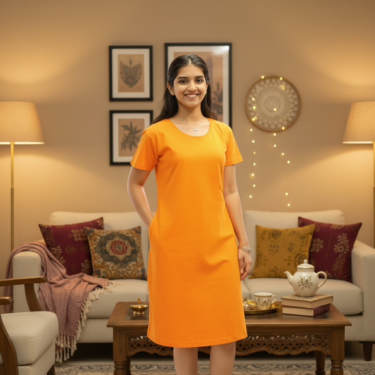 Dark Orange Solid Hosiery Cotton Knee-Length T-Shirt Dress with Pocket