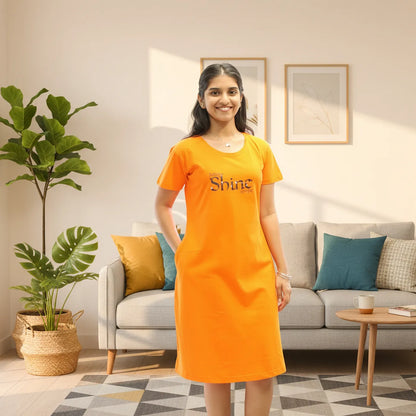 Orange Shine Hosiery Cotton Knee-Length Short Nighty with Pocket