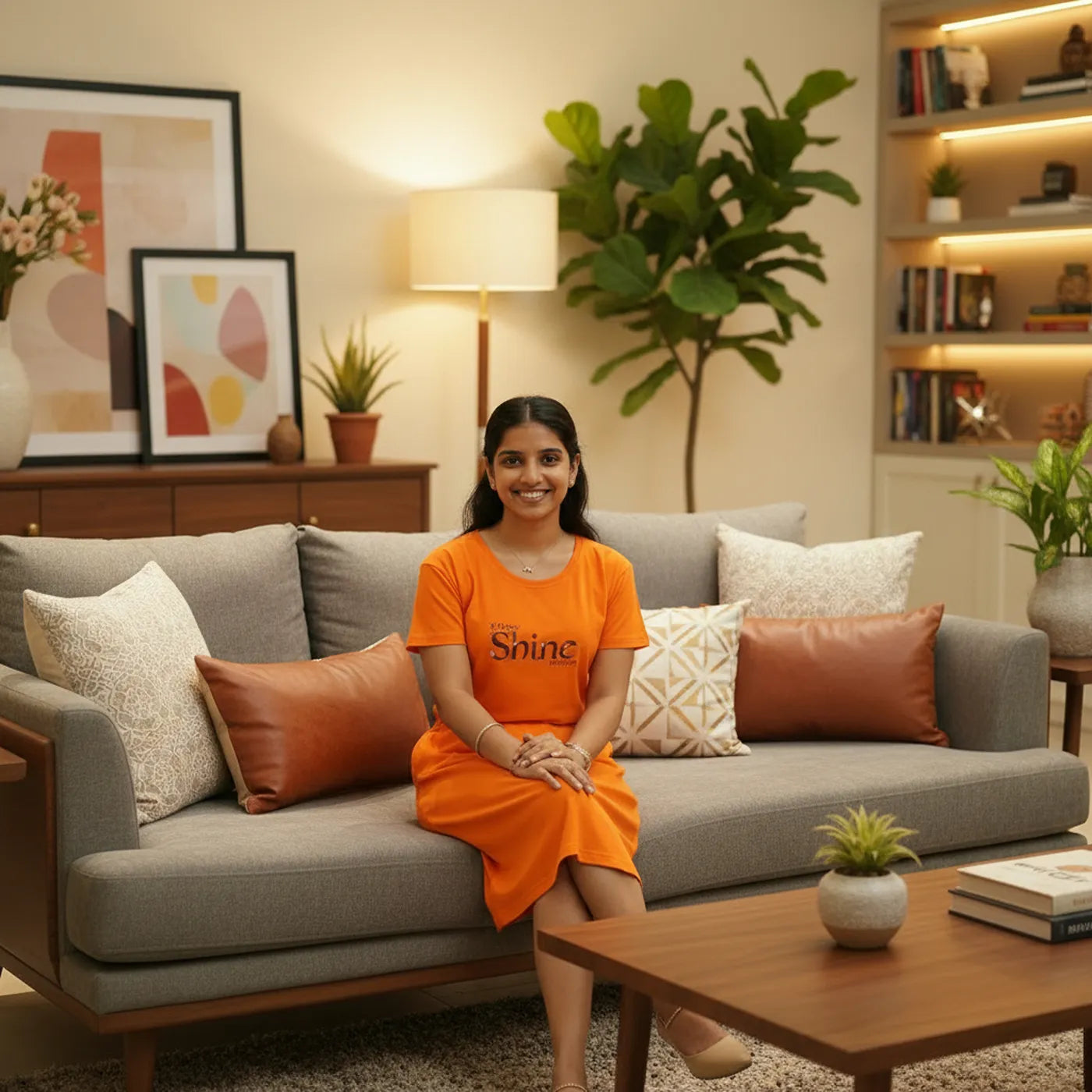 Orange Shine Hosiery Cotton Knee-Length Short Nighty with Pocket