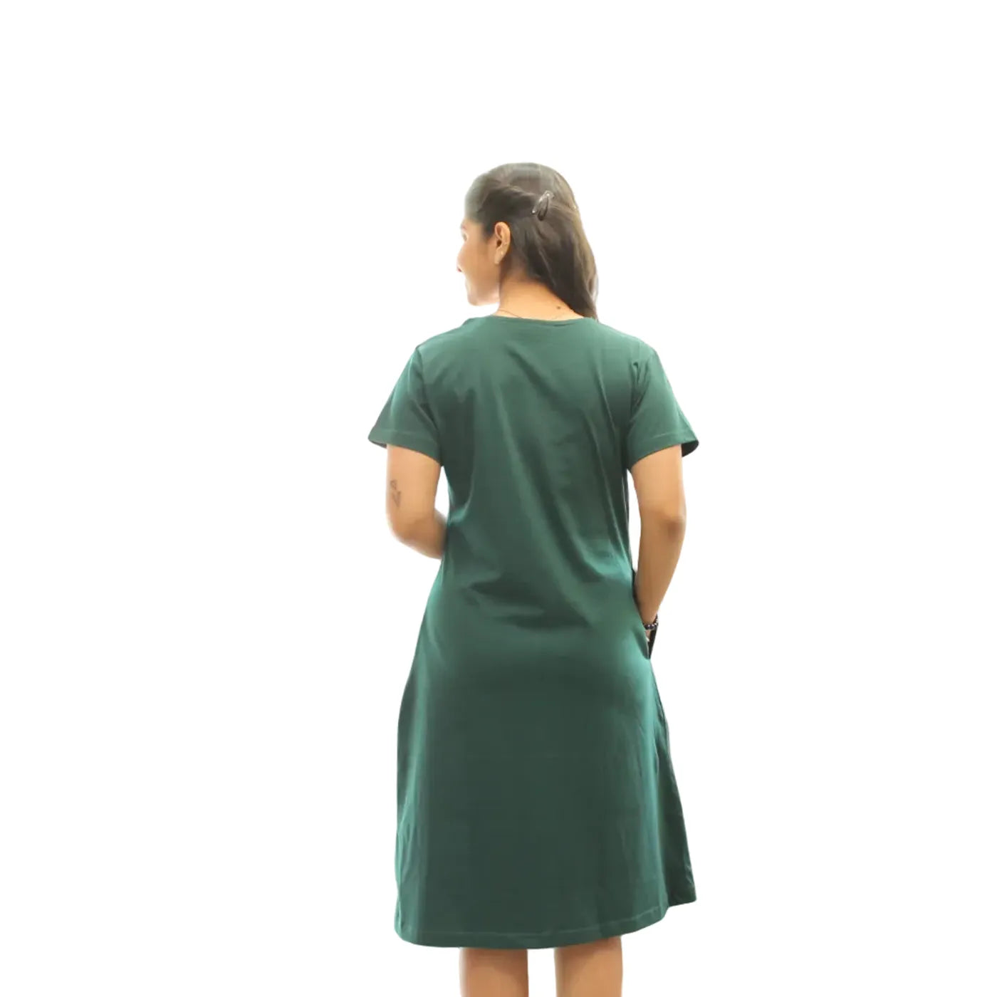 Green Inspiring Hosiery Cotton Knee-Length Short Nighty with Pocket
