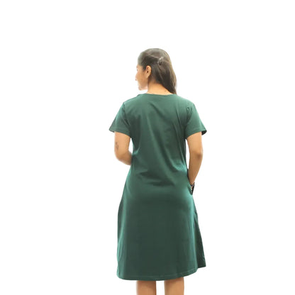 Green Inspiring Hosiery Cotton Knee-Length Short Nighty with Pocket