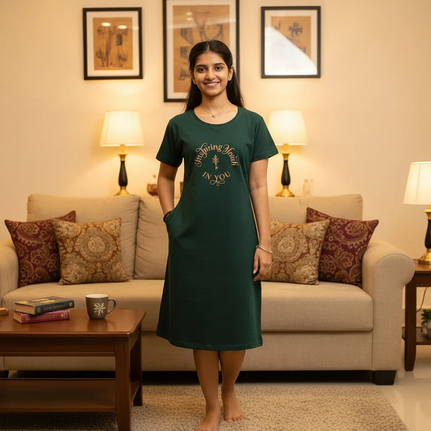 Green Inspiring Hosiery Cotton Knee-Length Short Nighty with Pocket