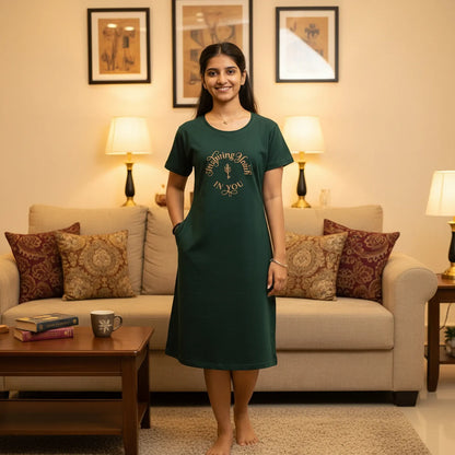 Green Inspiring Hosiery Cotton Knee-Length Short Nighty with Pocket