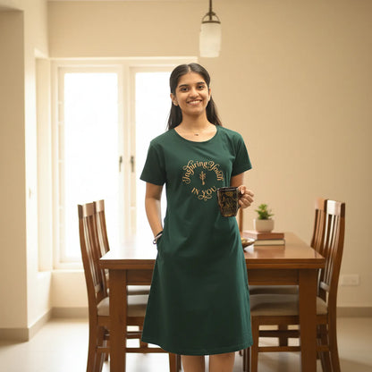 Green Inspiring Hosiery Cotton Knee-Length Short Nighty with Pocket