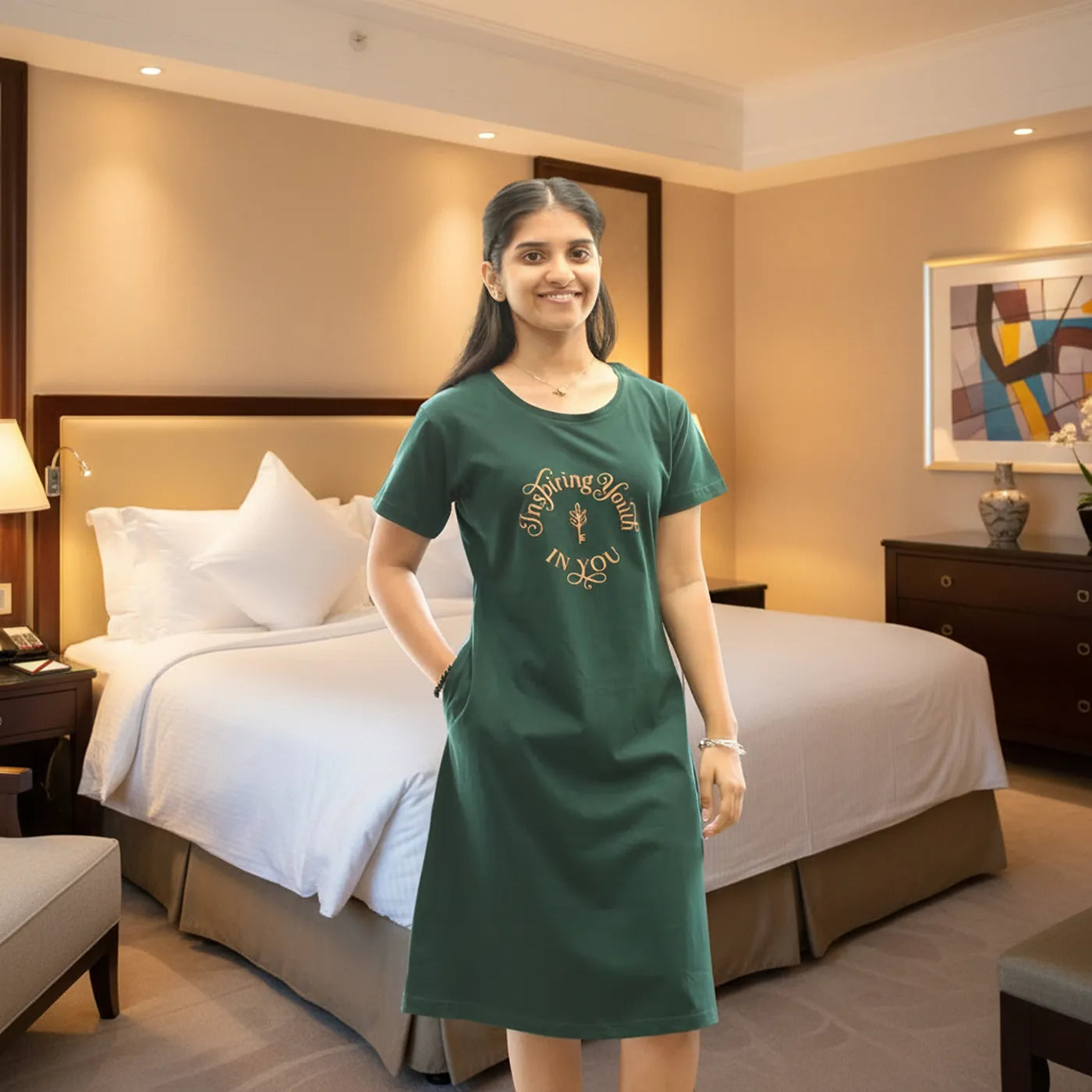 Green Inspiring Hosiery Cotton Knee-Length Short Nighty with Pocket