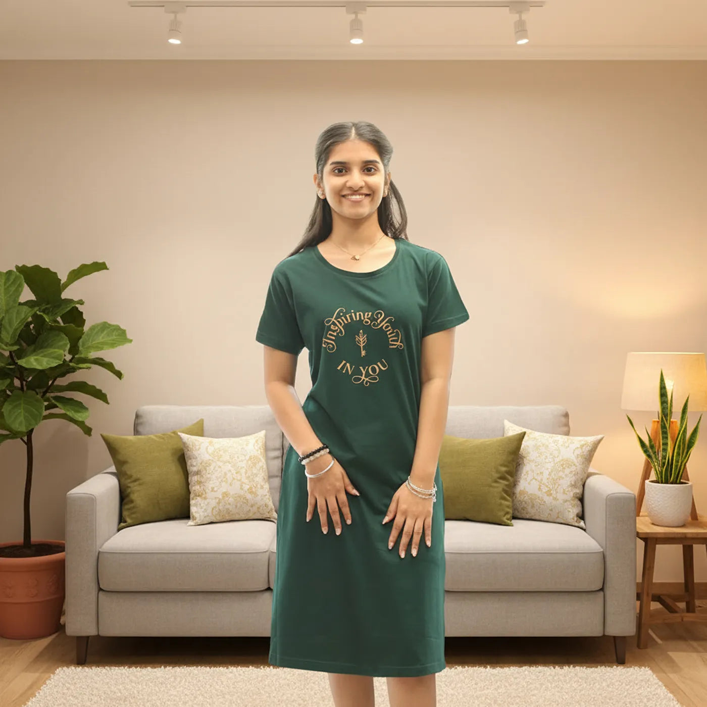 Green Inspiring Hosiery Cotton Knee-Length Short Nighty with Pocket