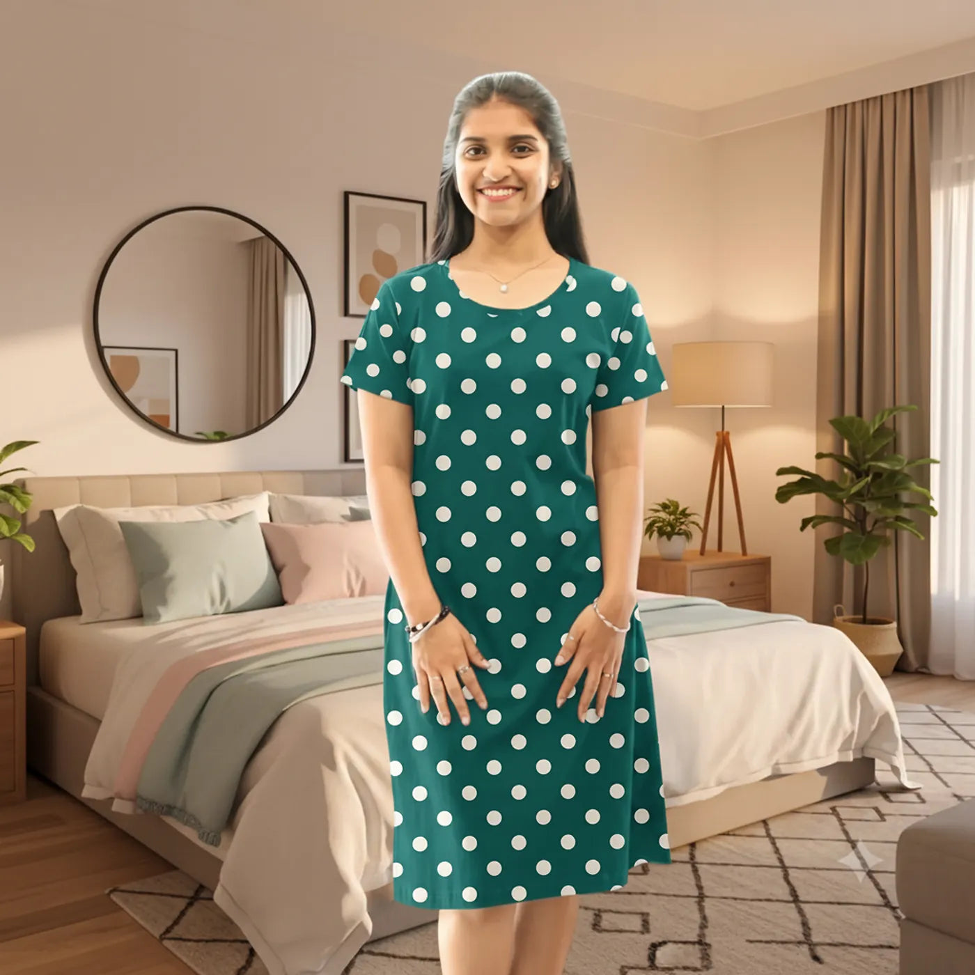 A woman stands in a modern living room wearing a short-sleeve green dress with white polka dots. 
