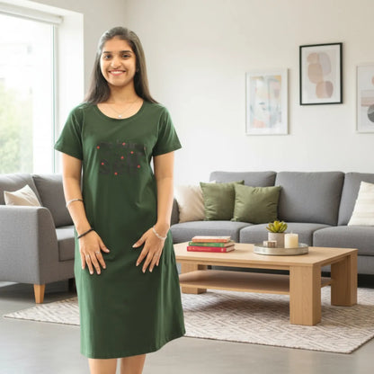 Women wearing green color cotton short nighty with text written on chest area