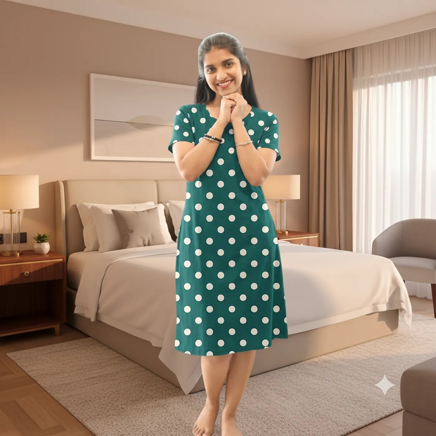 A woman stands in a modern bedroom wearing a teal green short-sleeve dress with white polka dots. 