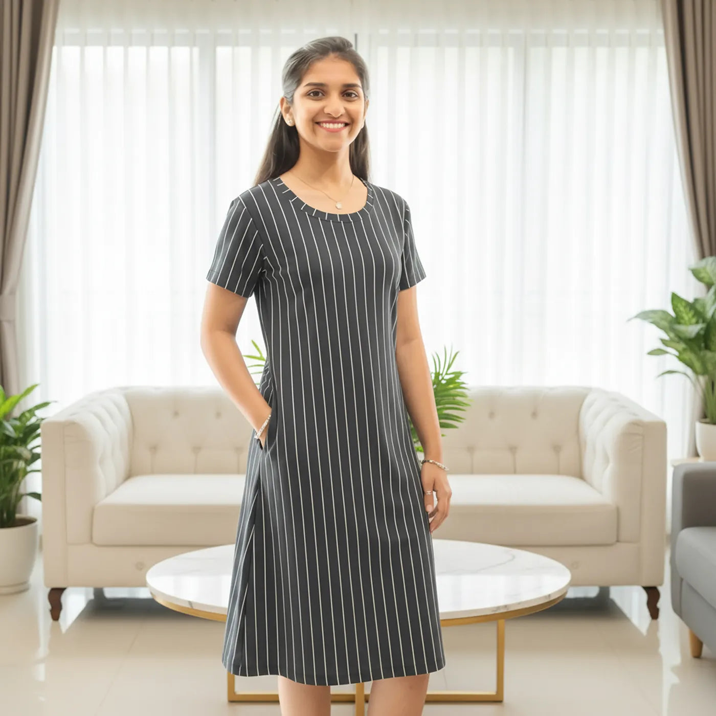 A woman stands in a bright living room wearing a short-sleeve knee-length dress with thin vertical white pinstripes on a dark gray background. The dress has side pockets and a round neckline.