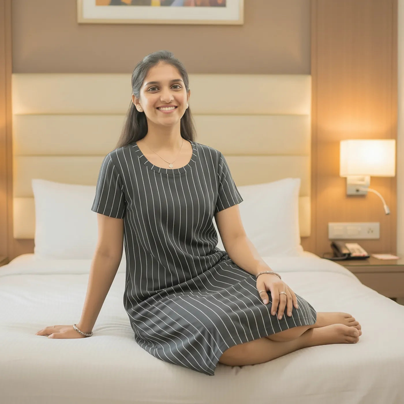 women wearing a dark grey color cotton knee length t-shirt dress and sitting on a bed 