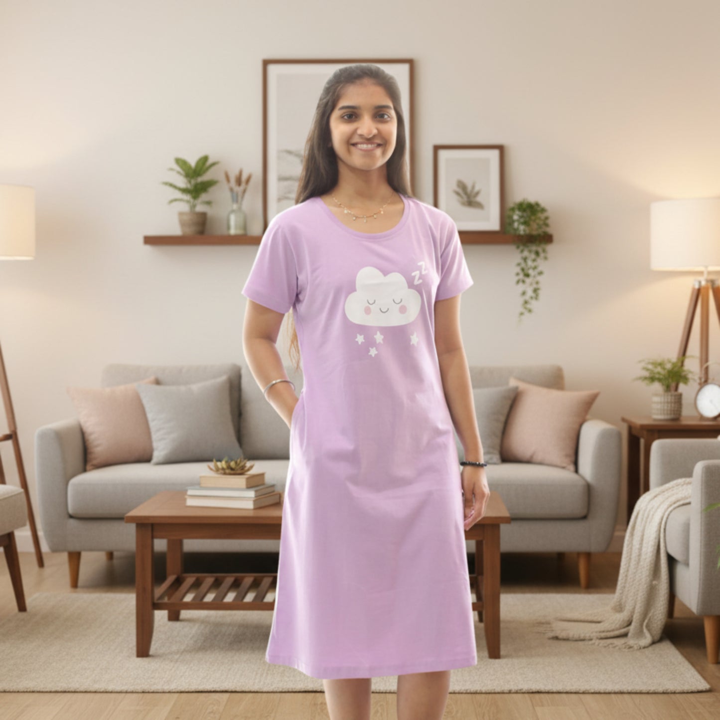 women wearing a lavender color cotton short nighty with hands in pocket, cloud design in chest area 