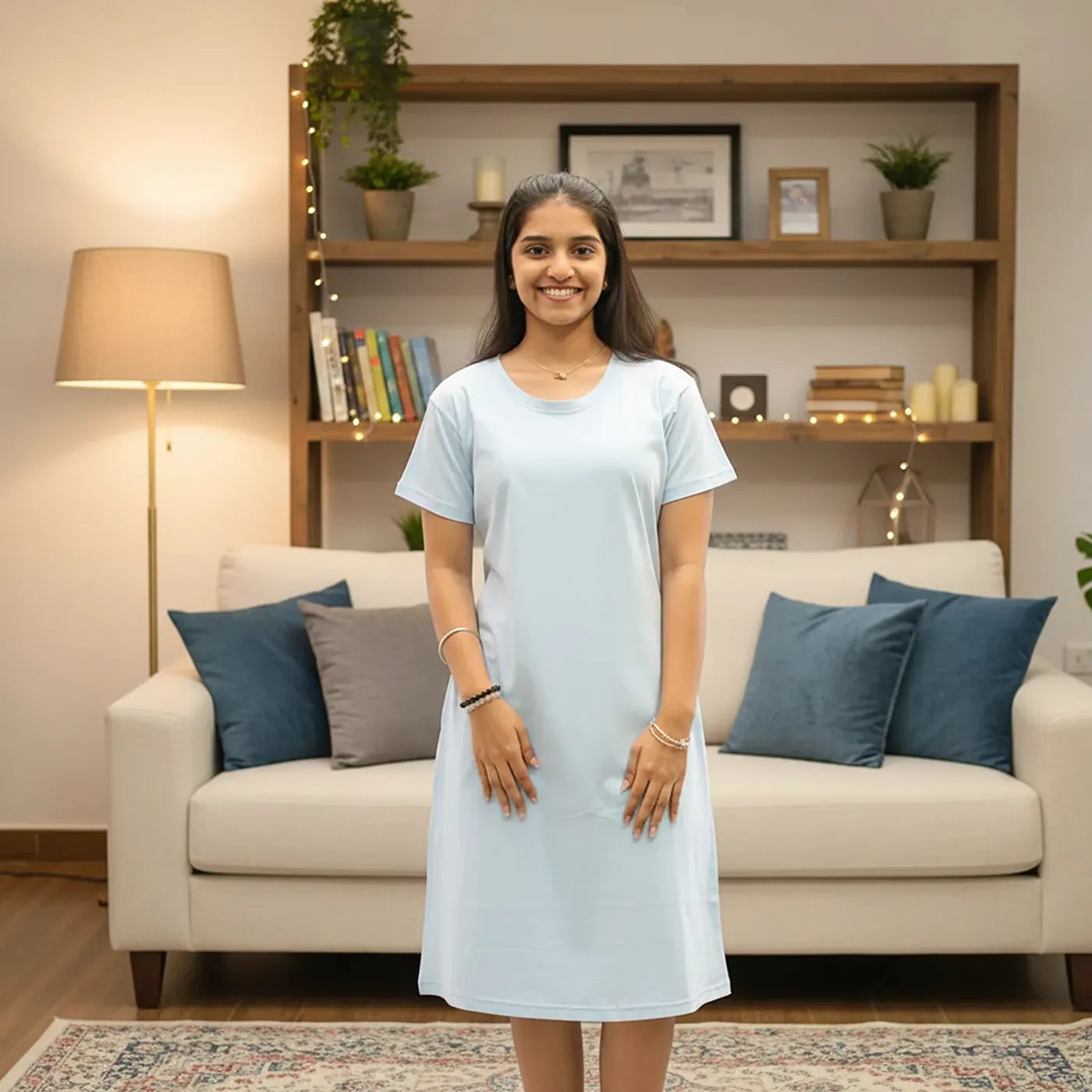 A woman stands in a living room wearing a light blue short-sleeve t-shirt dress. 