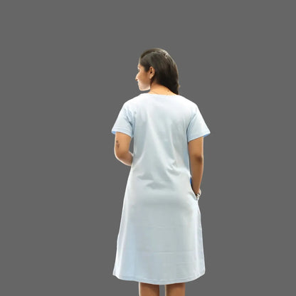 Light Blue Solid Hosiery Cotton Knee-Length T-Shirt Dress with Pocket
