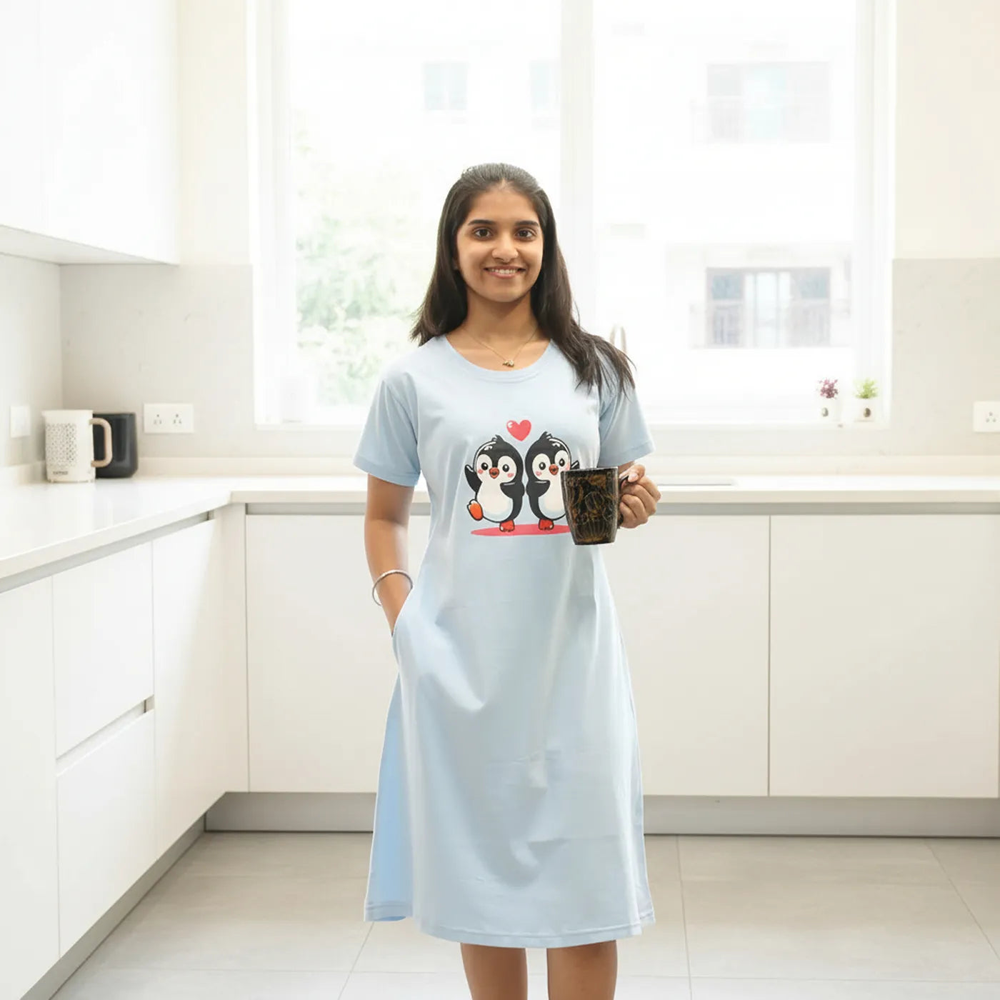 Light Blue Penguin Hosiery Cotton Knee-Length Short Nighty with Pocket