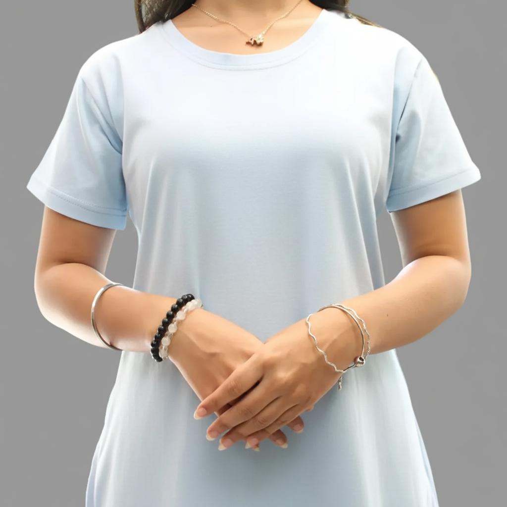 Light Blue Solid Hosiery Cotton Knee-Length T-Shirt Dress with Pocket