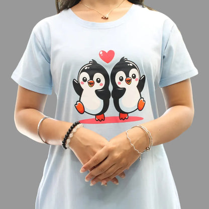 Light Blue Penguin Hosiery Cotton Knee-Length Short Nighty with Pocket