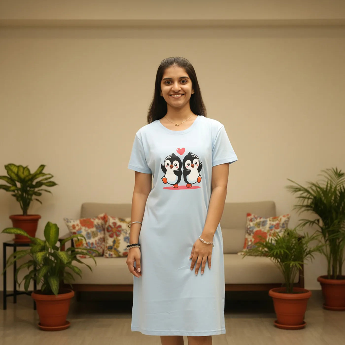 Light Blue Penguin Hosiery Cotton Knee-Length Short Nighty with Pocket
