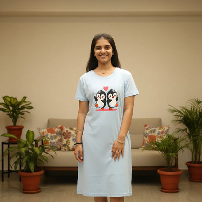 Light Blue Penguin Hosiery Cotton Knee-Length Short Nighty with Pocket