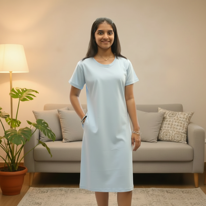 Light Blue Solid Hosiery Cotton Knee-Length T-Shirt Dress with Pocket