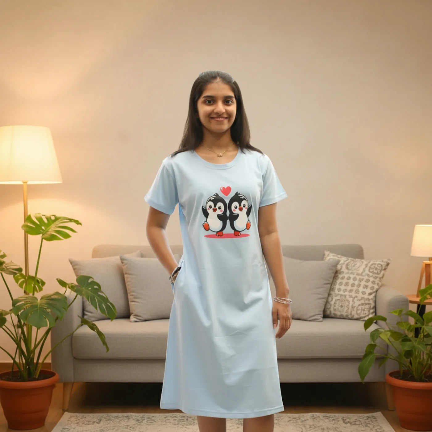 Light Blue Penguin Hosiery Cotton Knee-Length Short Nighty with Pocket