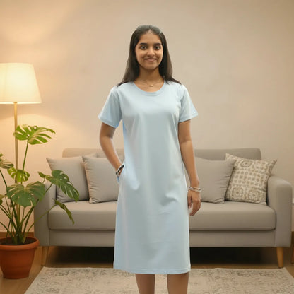 women wearing light blue hosiery cotton knee length t-shirt dress with pocket