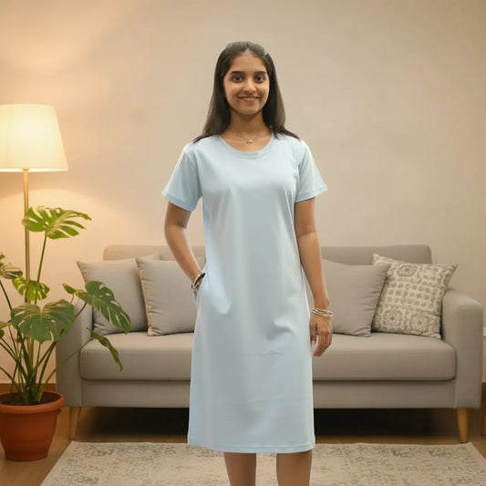 Light Blue Solid Hosiery Cotton Knee-Length T-Shirt Dress with Pocket
