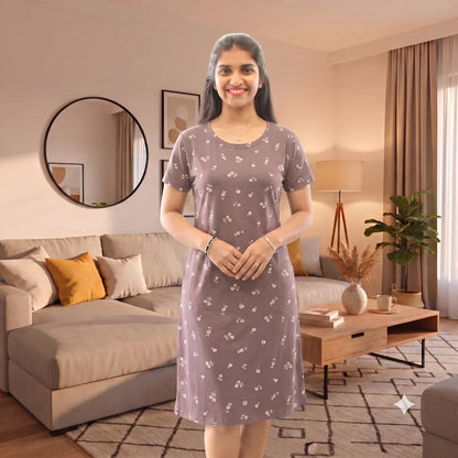 women wearing a knee length hosiery cotton short nighty in light brown color 