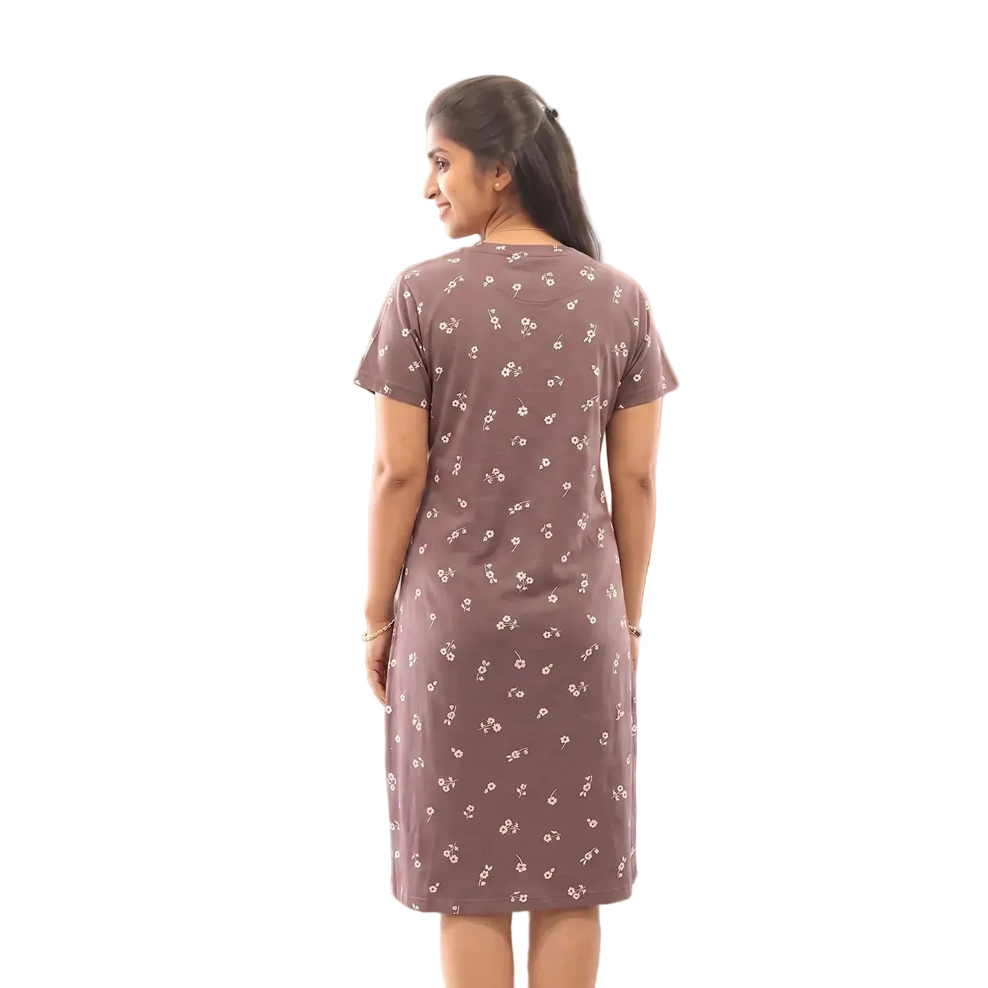 back view of hosiery cotton short nighty in light brown color , it is all over printed design 