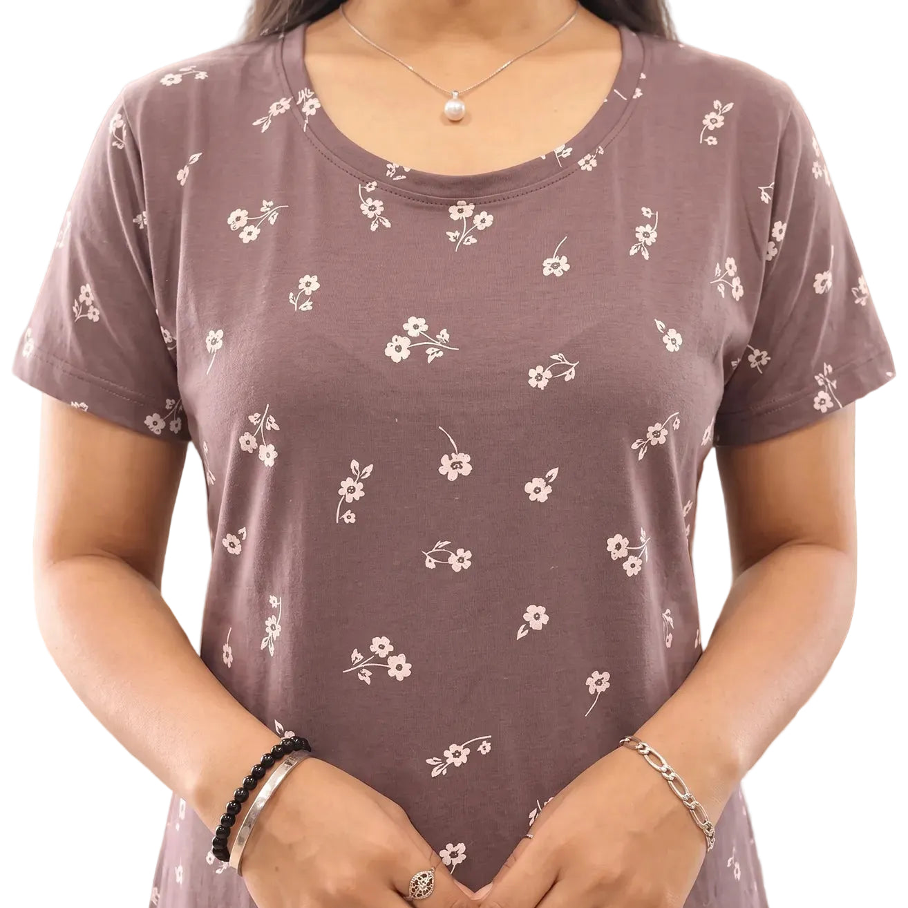 closeup view of light brown floral printed cotton short nighty