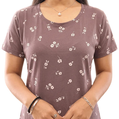 closeup view of light brown floral printed cotton short nighty