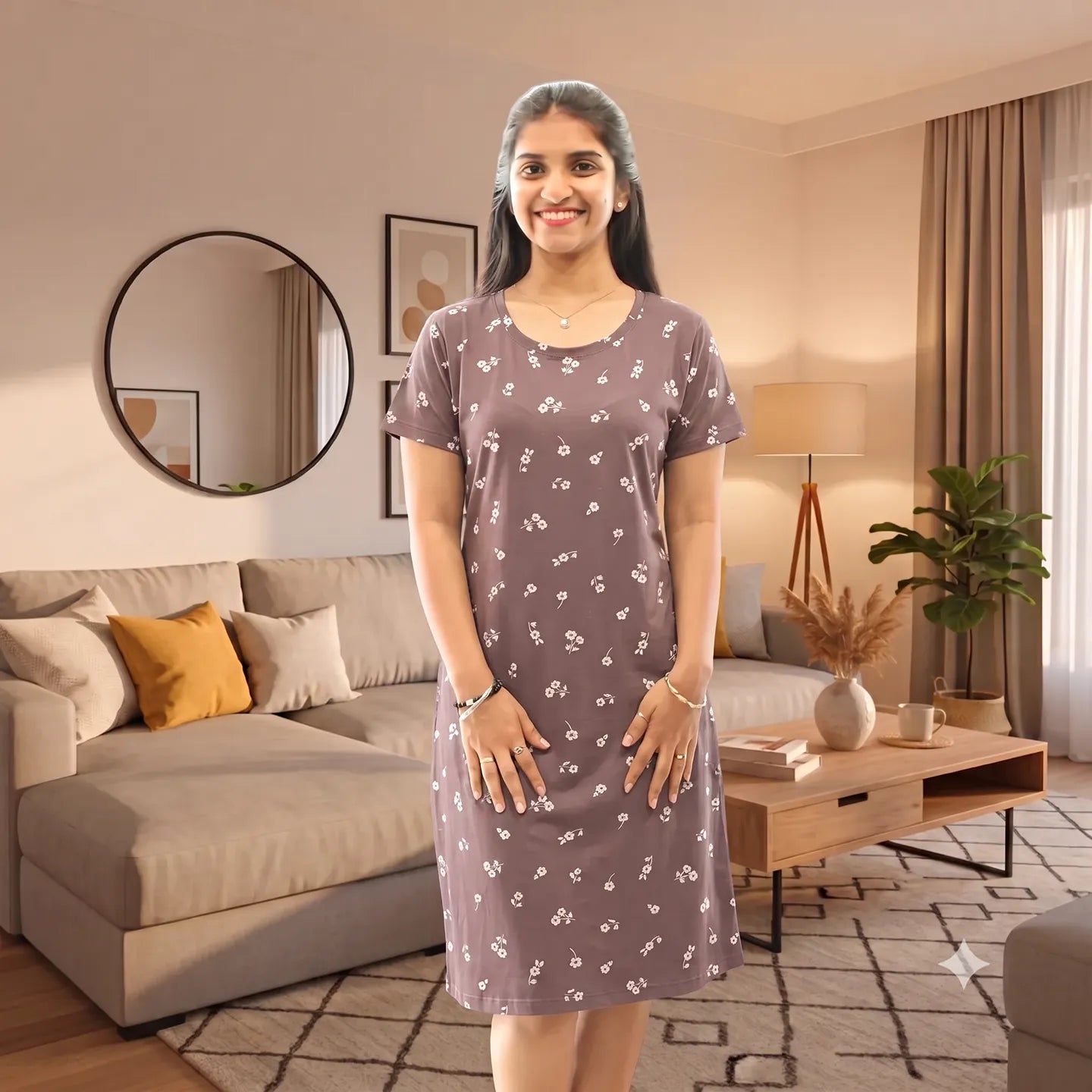 women wearing a light brown all over floral design printed knee length cotton short nighty