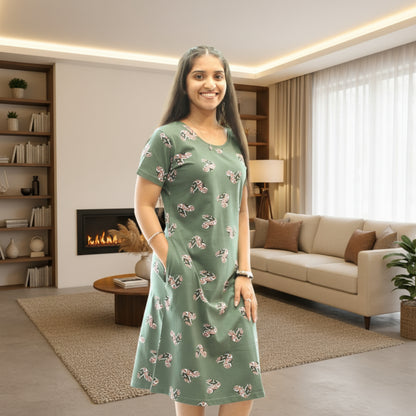 Women Wearing Light Green Cotton KNee length short nighty with all over print