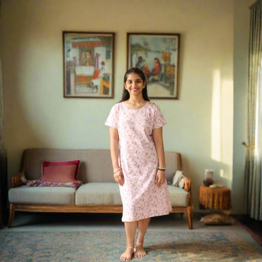 women wearing light pink color cotton knee length printed cotton short nighty and standing in a living room