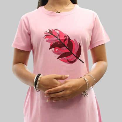 Light Pink Pink Feather Hosiery Cotton Knee-Length Short Nighty with Pocket