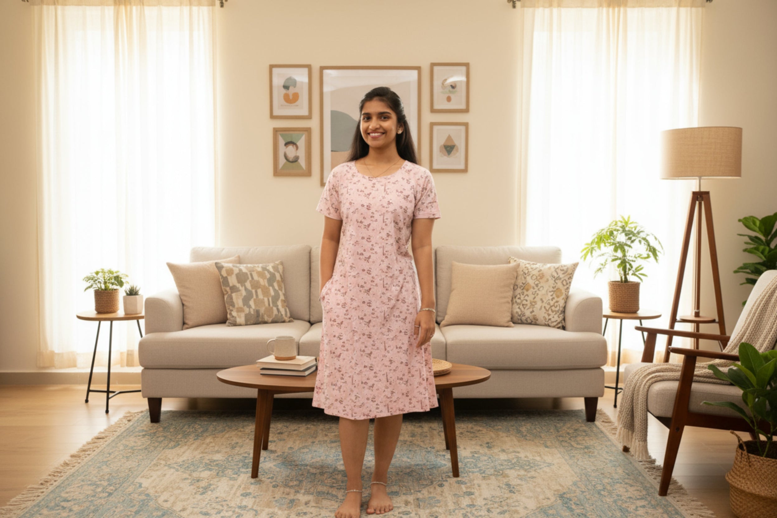 Women wearing light pink knee length short nighty with print all over