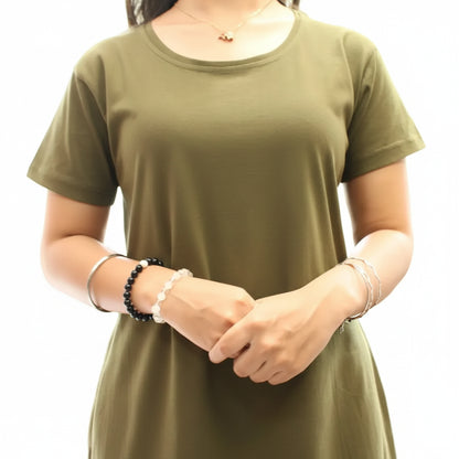 Military Green Solid Hosiery Cotton Knee-Length T-Shirt Dress with Pocket