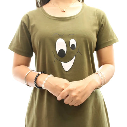Military Green Smiley Hosiery Cotton Knee-Length Short Nighty with Pocket