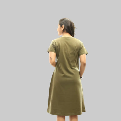 Military Green Solid Hosiery Cotton Knee-Length T-Shirt Dress with Pocket