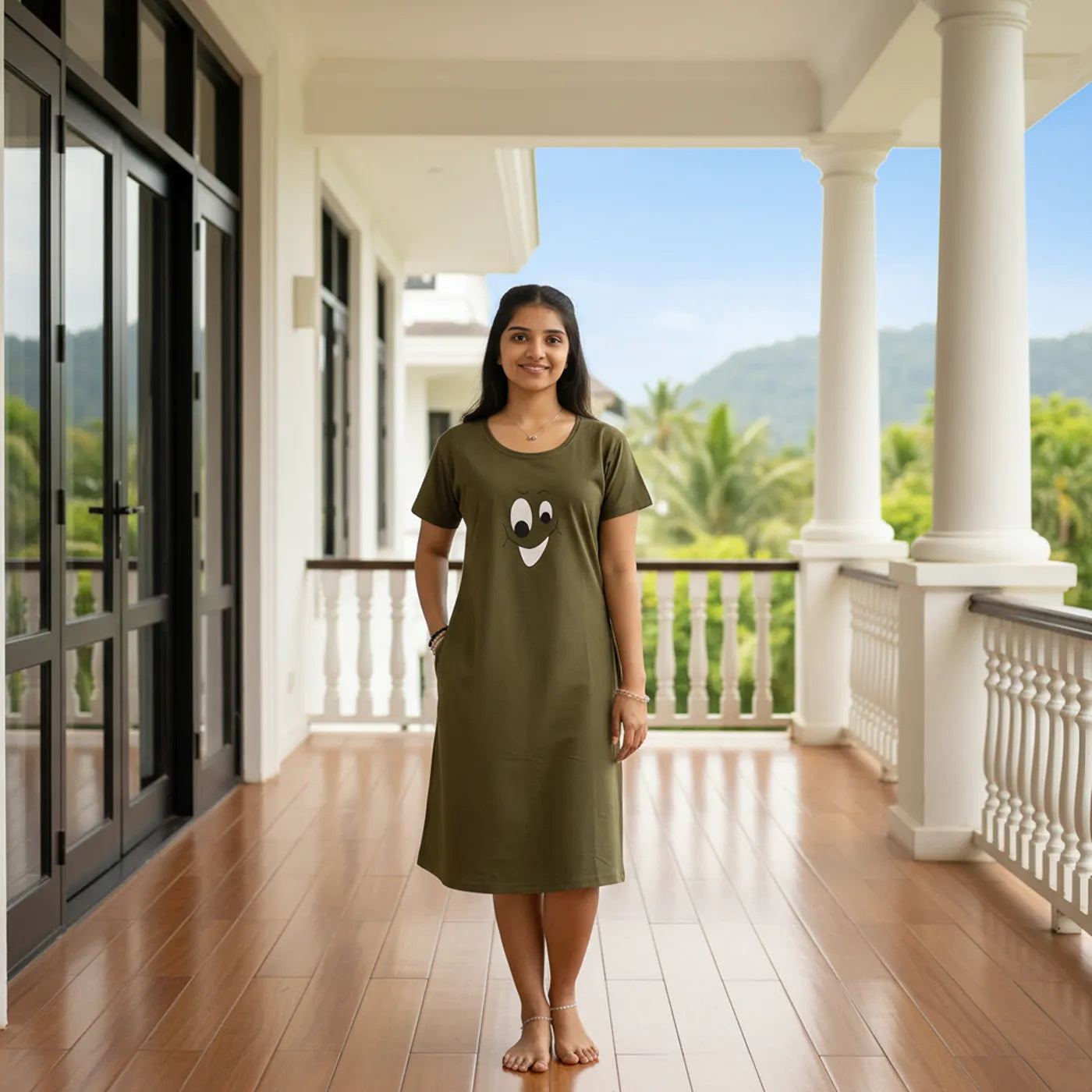 Military Green Smiley Hosiery Cotton Knee-Length Short Nighty with Pocket